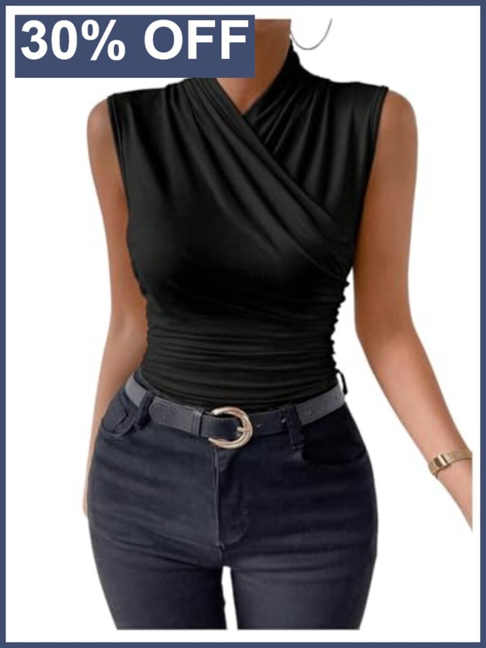 Ruched Mock Neck Sleeveless Slim Fit Tank Top